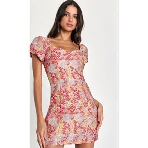 Lulus Floral Puff Sleeve Sweetheart Mini Dress Party Wedding Guest Pink Dance SM